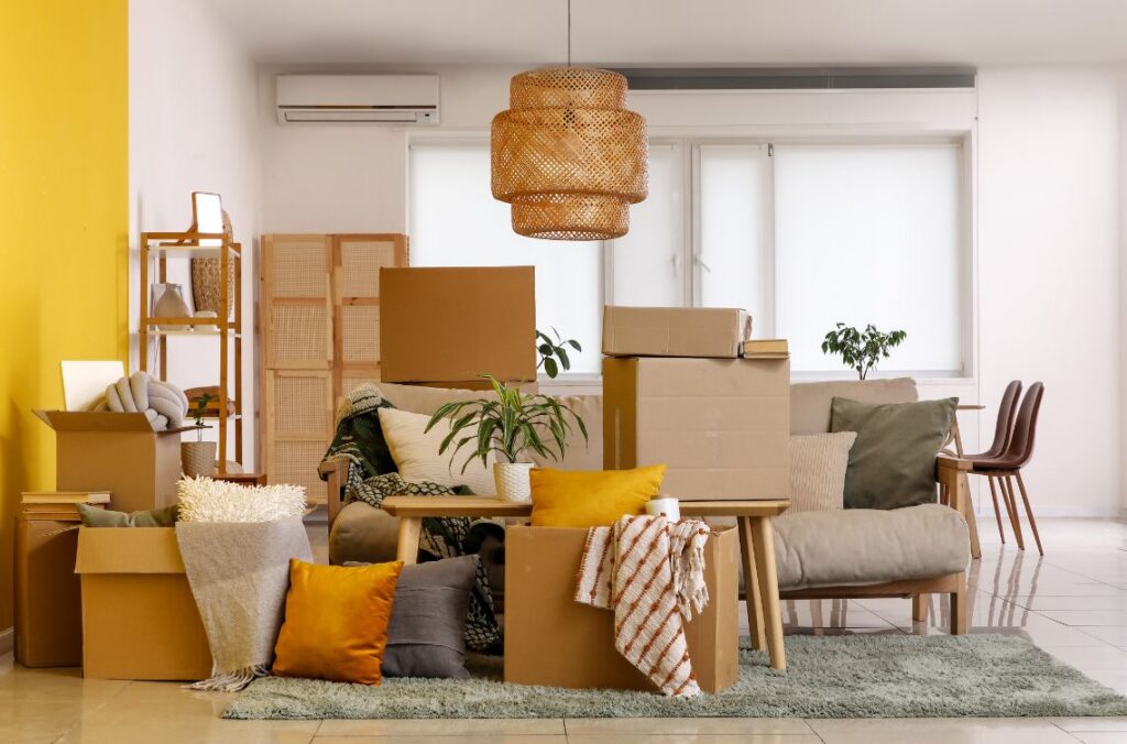 A bright room with clean, modern design on moving day. Boxes and belongings stacked.
