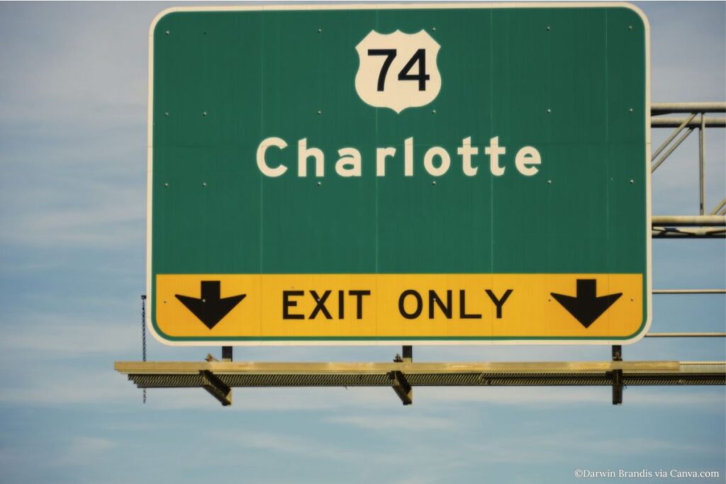 Highway sign, exit only, I-74 Charlotte