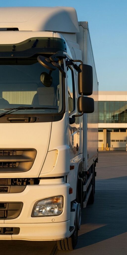 Tall vertical shot of a parked moving truck, taken from the front, showing a bit of the truck's side. Half of the front end is out of frame.