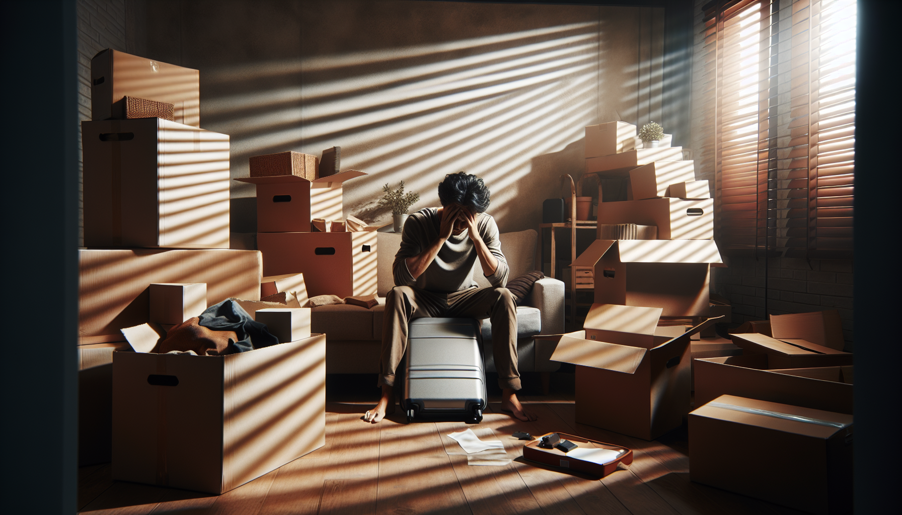 A stressed adult sits on a moving box amid opened cardboard boxes, scattered belongings, and a half-packed suitcase in a dim living room, with sunlight streaming through blinds.