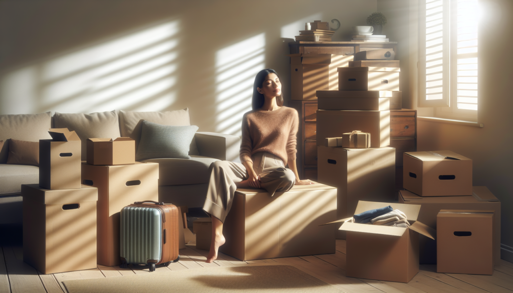 A calm adult sits on a moving box amid organized cardboard boxes and belongings, and a neatly packed suitcase in a brighter living room, with sunlight streaming through blinds.