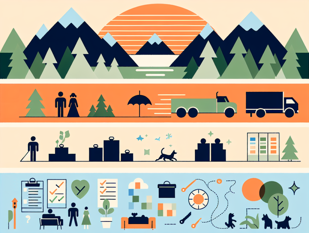 Minimalist infographic illustrating four key stages of distance moving for Asheville locals, using mountain-inspired colors, moving boxes, checklists, trucks, happy movers, pets, and settling in scenes, separated by slender lines and mountain silhouettes, on a bright background with clear, sans-serif section headings.