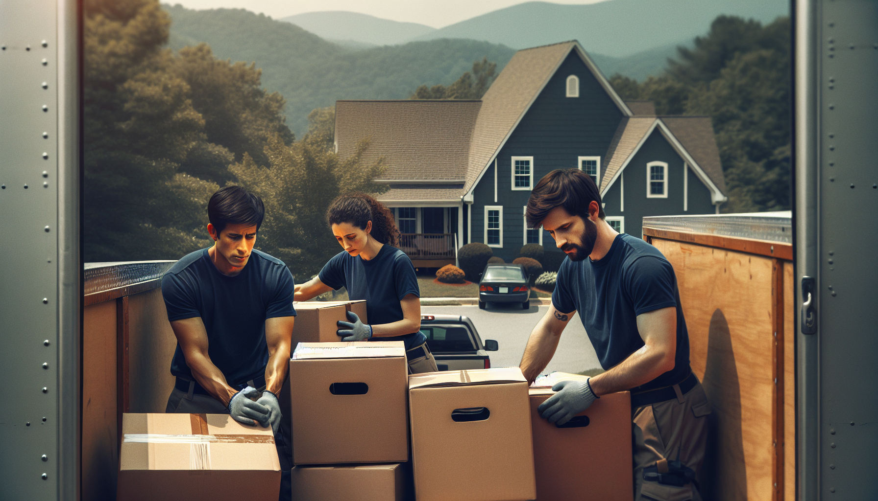 Three professional movers in navy shirts carefully load neat boxes into the back of a box truck outside an Asheville home.