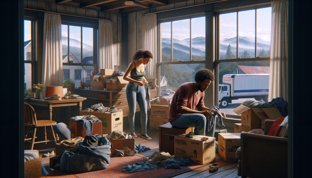 Weary couple urgently packing in a rustic Asheville apartment filled with messy boxes, scattered belongings, and everyday items. Morning light and mountain views frame the tense, chaotic scene as a rented moving truck waits outside.