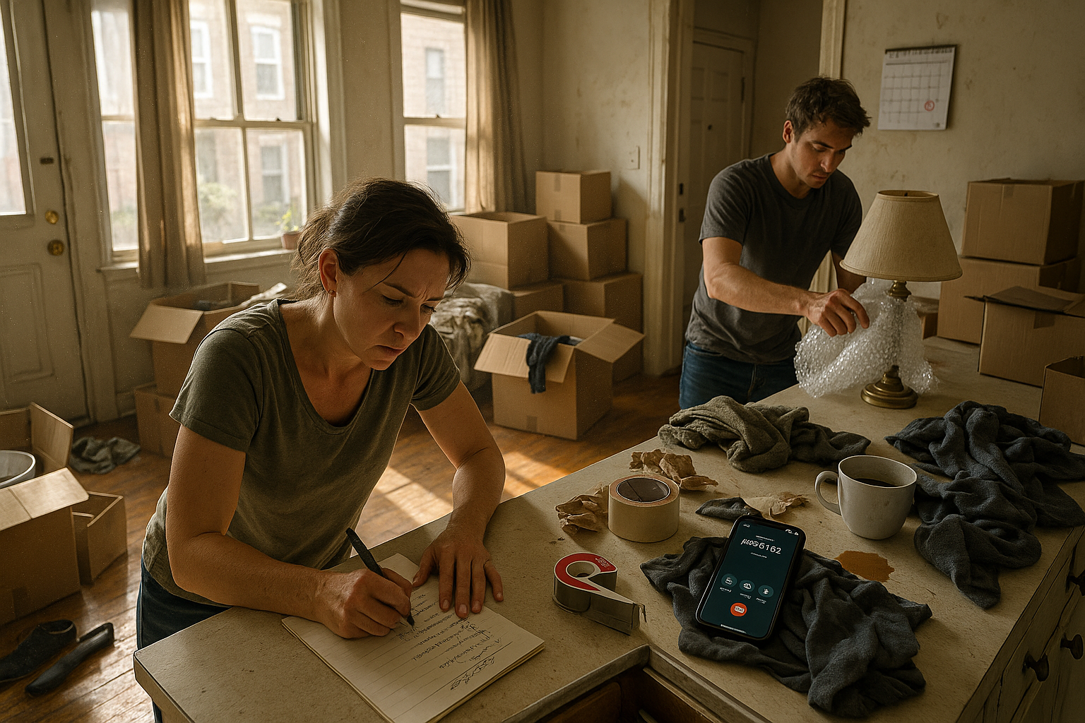 A stressed adult sits on a moving box amid opened cardboard boxes, scattered belongings, and a half-packed suitcase in a dim living room, with sunlight streaming through blinds, highlighting moving-day chaos and emotion.