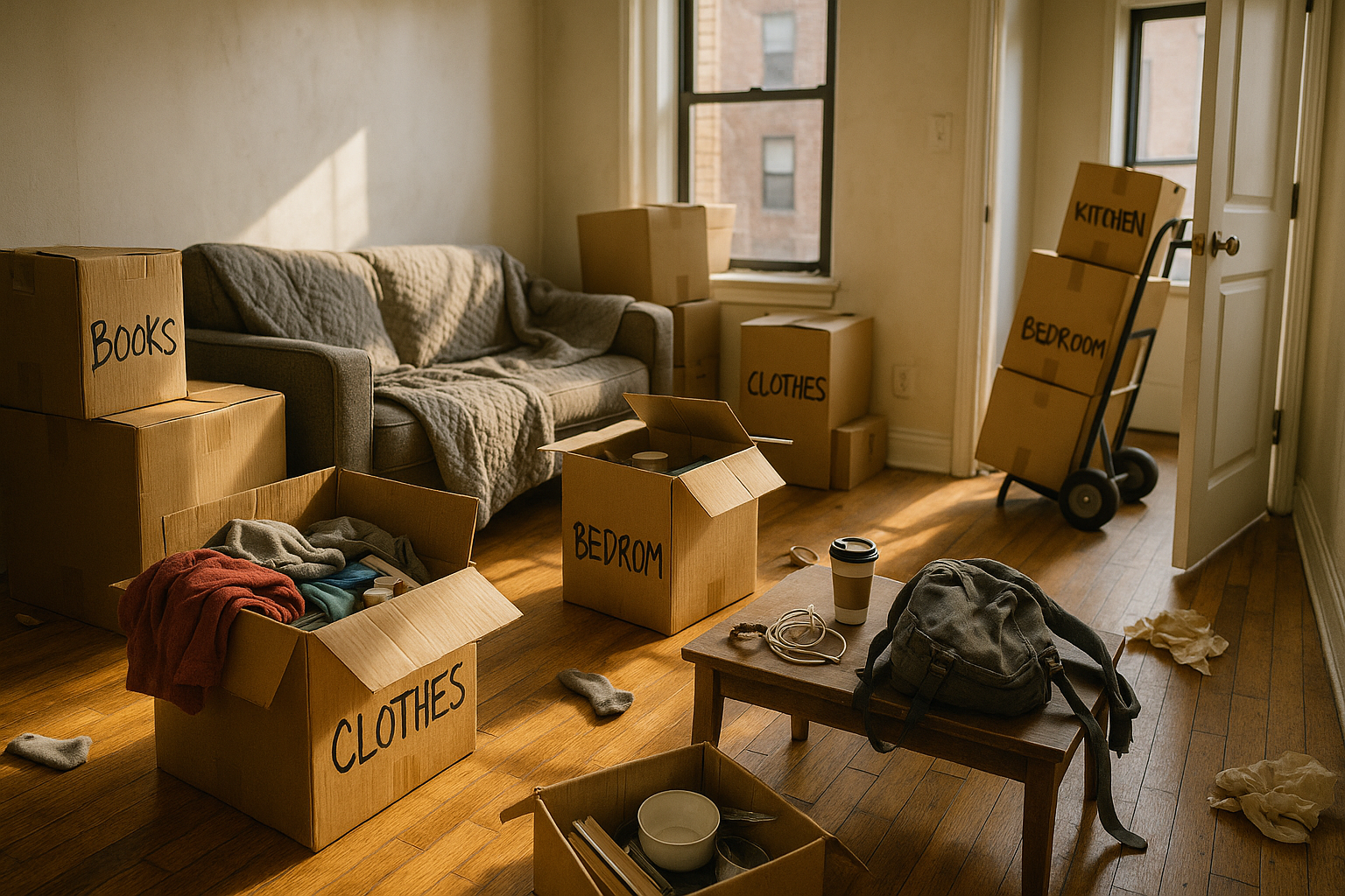 Sunlit urban apartment cluttered with unpacked boxes, scattered clothes, books, and kitchenware during a last-minute move. A labeled cardboard box, tangled charger, coffee cup, moving dolly, and chaotic details highlight urgency and energy, with dramatic shadows on a worn hardwood floor.