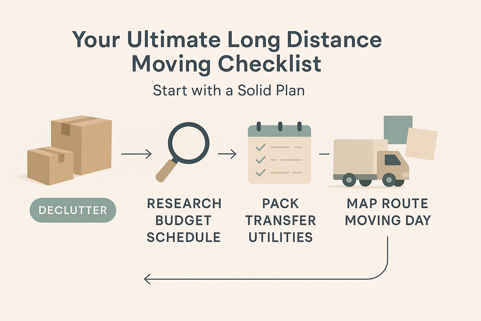 Minimalist infographic outlining a long distance moving checklist. Flat vector icons show steps like decluttering, budgeting, scheduling, packing, utility transfers, and moving day tasks on a calming earth-tone timeline.