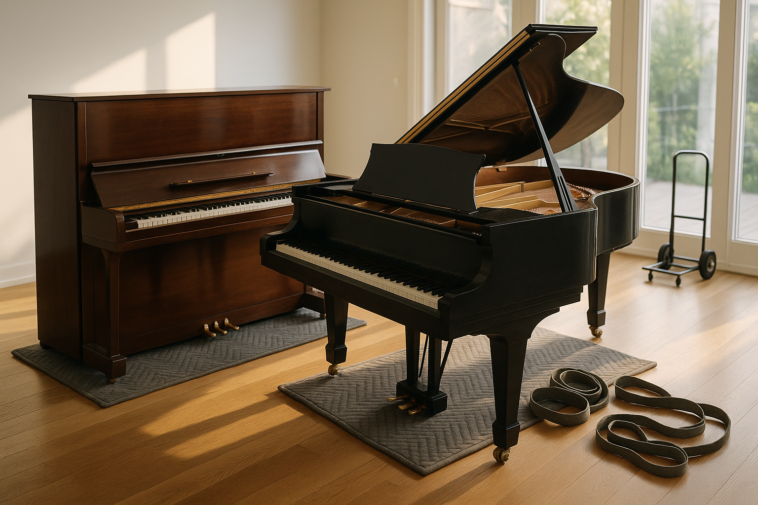 Side-by-side upright and grand pianos on moving blankets in a sunlit living room, furniture dolly and straps nearby, capturing fine details, wood textures, sunlight reflections, and subtle signs of everyday use for a realistic moving day comparison.