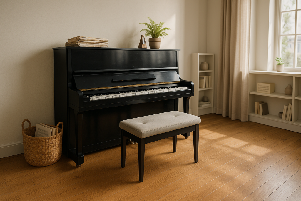 Bright modern living room featuring an upright piano with sheet music, fern, and metronome on top. Spacious layout, music bench, woven basket, sunlight through large windows, and sound-absorbing curtains highlight thoughtful piano space planning.