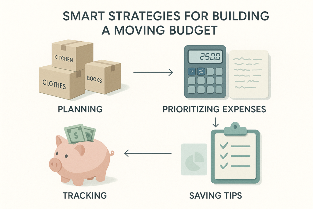 Minimalist infographic showing smart strategies for building a moving budget, with illustrated sections labeled Planning, Prioritizing Expenses, Tracking, and Saving Tips. Features moving boxes, calculator and notepad, piggy bank, checklist, and guiding arrows.