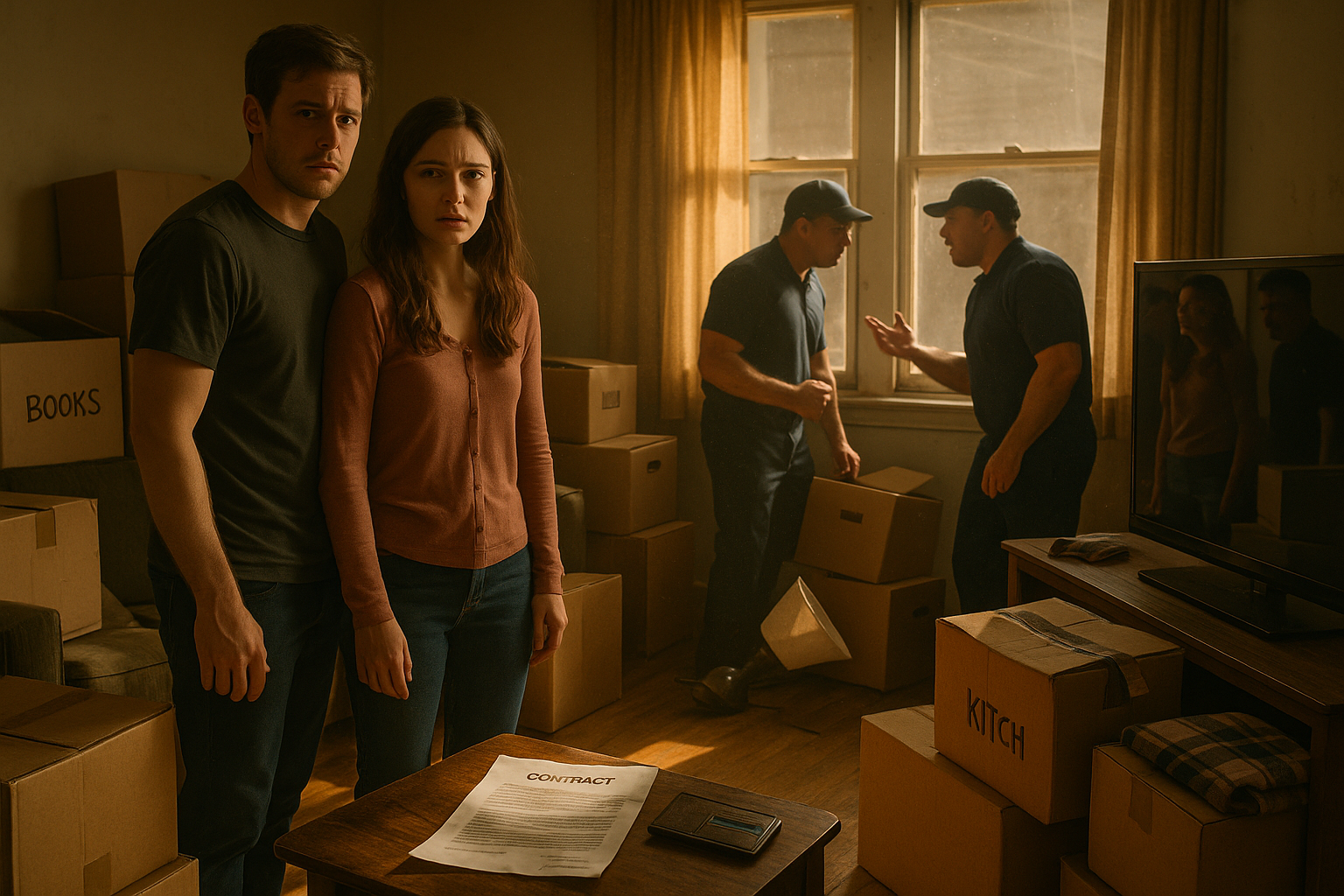 Anxious couple in a dim, cluttered living room surrounded by damaged boxes and arguing movers, highlighting red flags and disorder when hiring unreliable emergency moving services. A contract with unclear print and a missing credit card emphasize the emotional and financial risks.