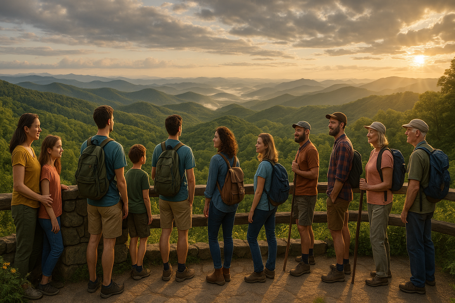 A diverse group of new residents stands on a scenic overlook in Western North Carolina, admiring lush Blue Ridge Mountains at golden hour, with wildflowers, sunbeams, misty valleys, and natural stonework highlighting an inviting, vibrant landscape ideal for outdoor and creative lifestyles.