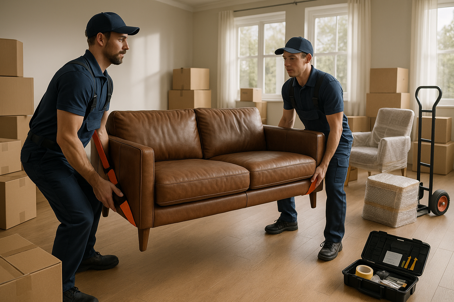 Two professional movers use lifting straps to safely move a leather sofa in a sunny modern living room with moving boxes, equipment, and a dolly nearby, demonstrating correct lifting technique during an organized, stress-free move.