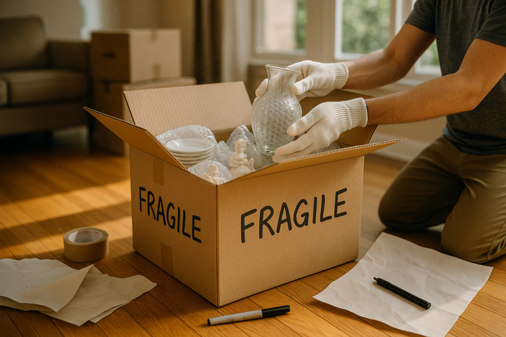 Hands in cotton gloves carefully packing fragile glassware and porcelain plates in bubble wrap inside a moving box labeled 'FRAGILE'; packing tape and paper scattered nearby in a sunlit, modern living room prepared by Asheville Area Movers.