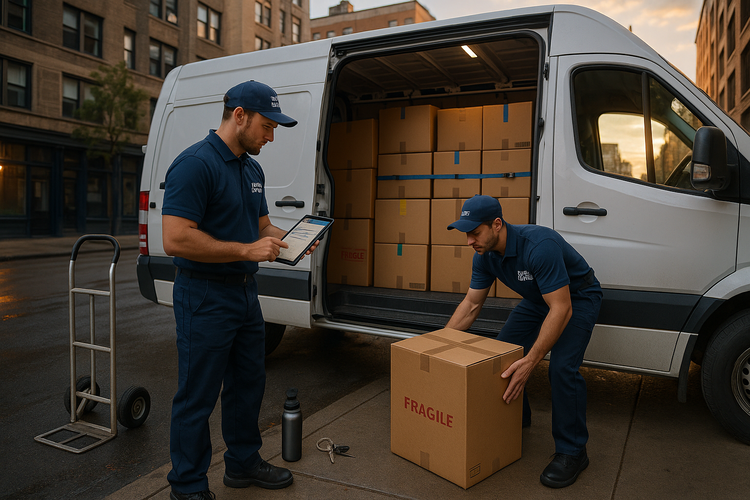 Two uniformed movers load labeled boxes into a white van on a city street at sunrise. One checks a digital tablet, the other lifts a fragile box. Moving equipment and morning details highlight prompt, professional same day moving service.