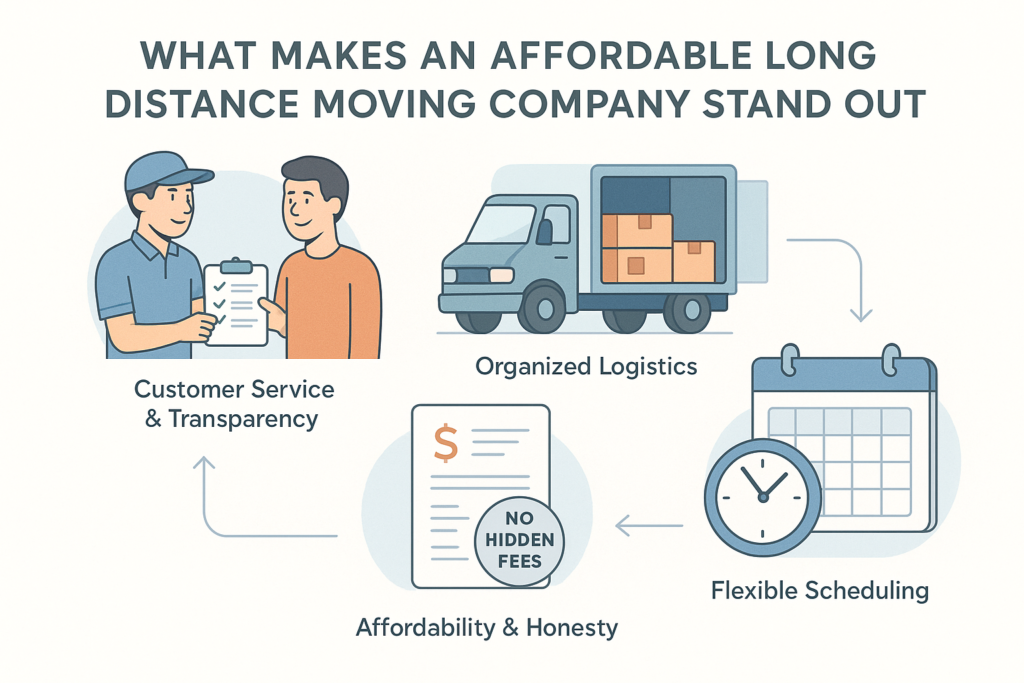 Infographic showing key traits of affordable long distance moving: friendly mover with checklist, organized loaded truck, transparent pricing document, and calendar with clock for flexible scheduling. Modern flat vector style with soft blues, oranges, and readable labeled captions, designed for clarity and accessibility.