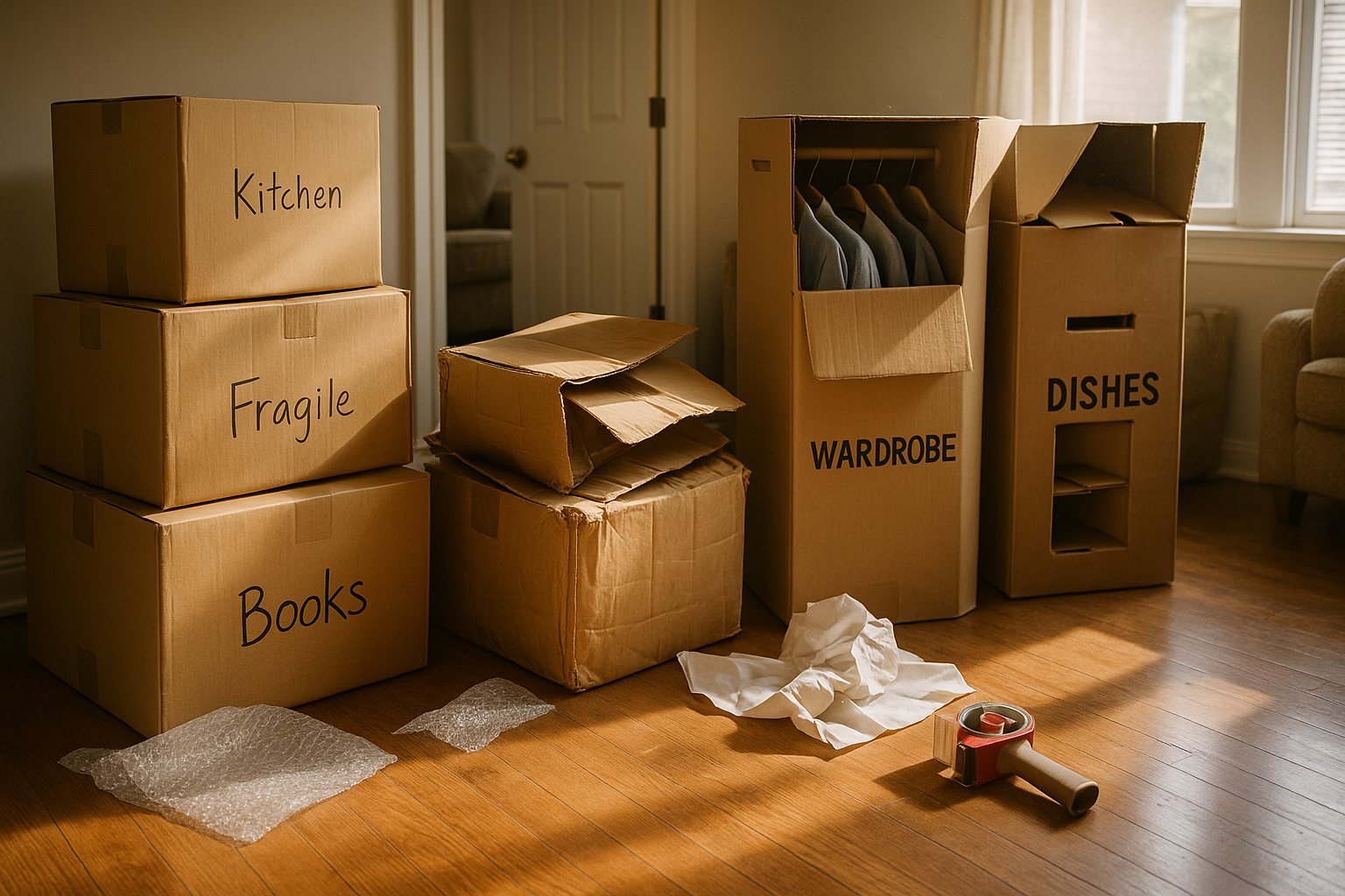 Sunlit living room with neatly stacked labeled moving boxes and slumped, damaged boxes nearby. Close-up details show handwritten labels, packing materials, and open wardrobe and dish boxes, highlighting the difference between sturdy and cheap boxes during a move.