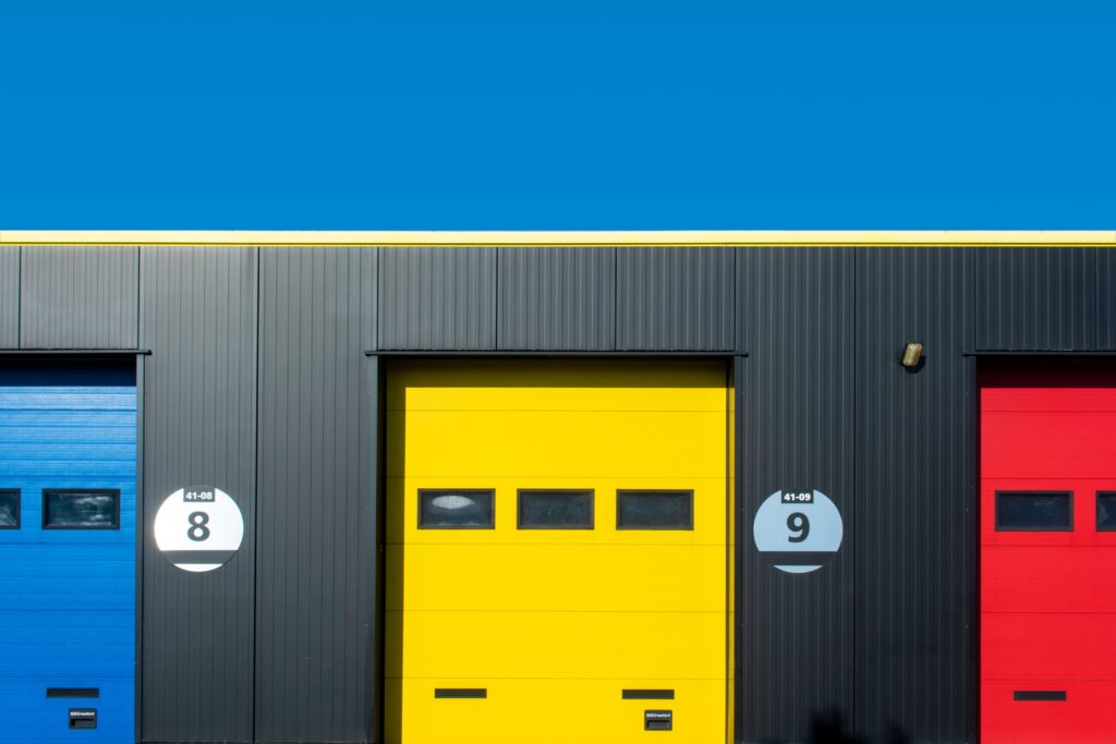 Colorful storage units for short term usage allow movers to keep belongs save.